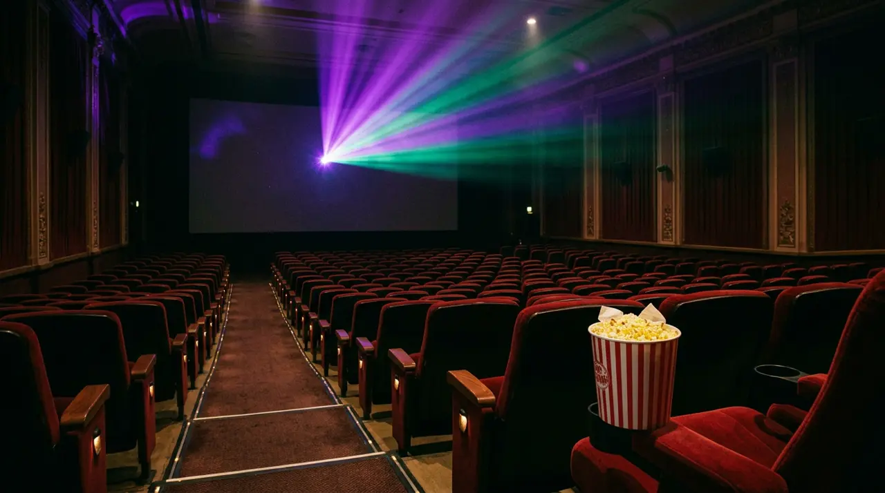 Salle de cinéma sombre éclairée par des faisceaux de projecteur violets et verts